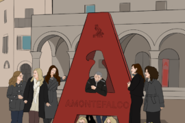 Illustration showing a large sculpural letter A with people flanking it.