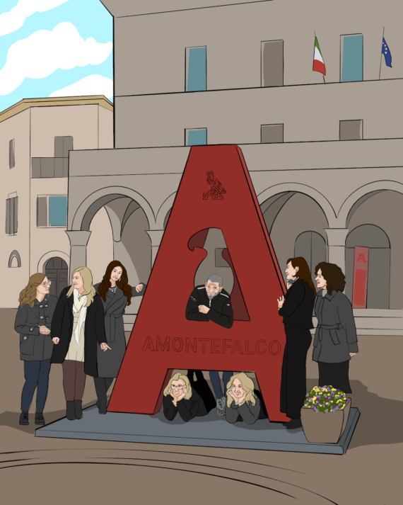 Illustration showing a large sculpural letter A with people flanking it.