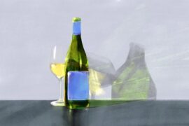 A painting of a bottle of white wine, a glass mostly full, with light and shadow