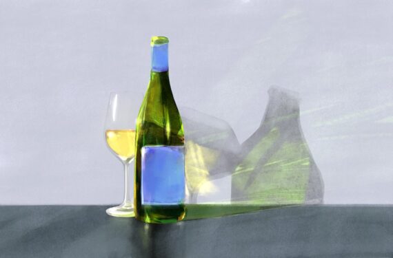 A painting of a bottle of white wine, a glass mostly full, with light and shadow