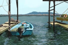 Painting of a boat docked in a Mediterranean lagoon